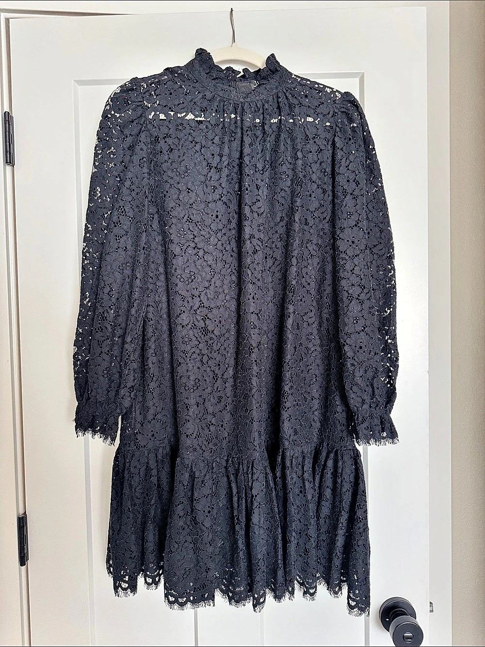 J.Crew Ruffle Mockneck Lace Dress Black Floral Mini Cocktail Dress Size Small